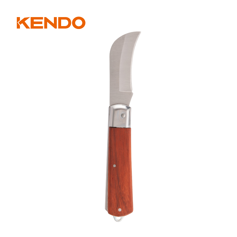 Curved Blade Stainless Steel Electricians' Knife With Wooden Handle