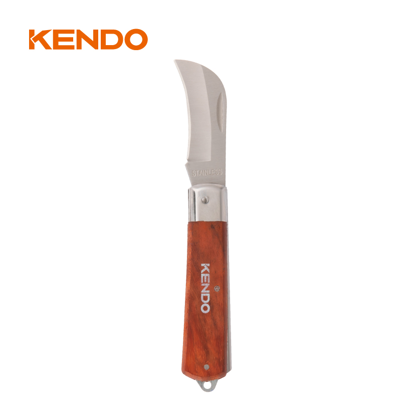 Curved Blade Stainless Steel Electricians' Knife With Wooden Handle