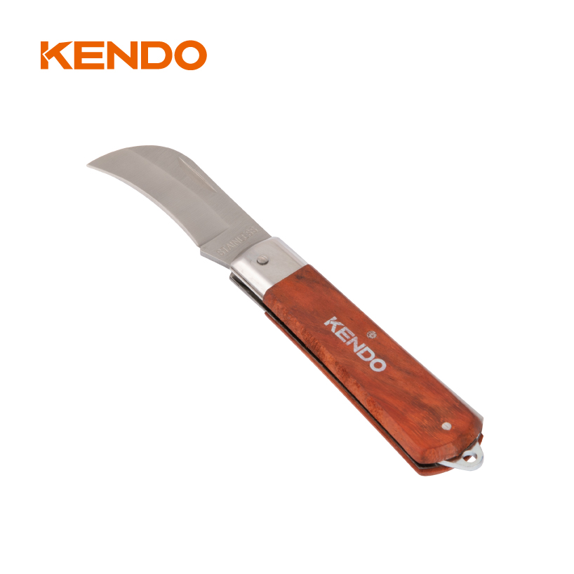 Curved Blade Stainless Steel Electricians' Knife With Wooden Handle