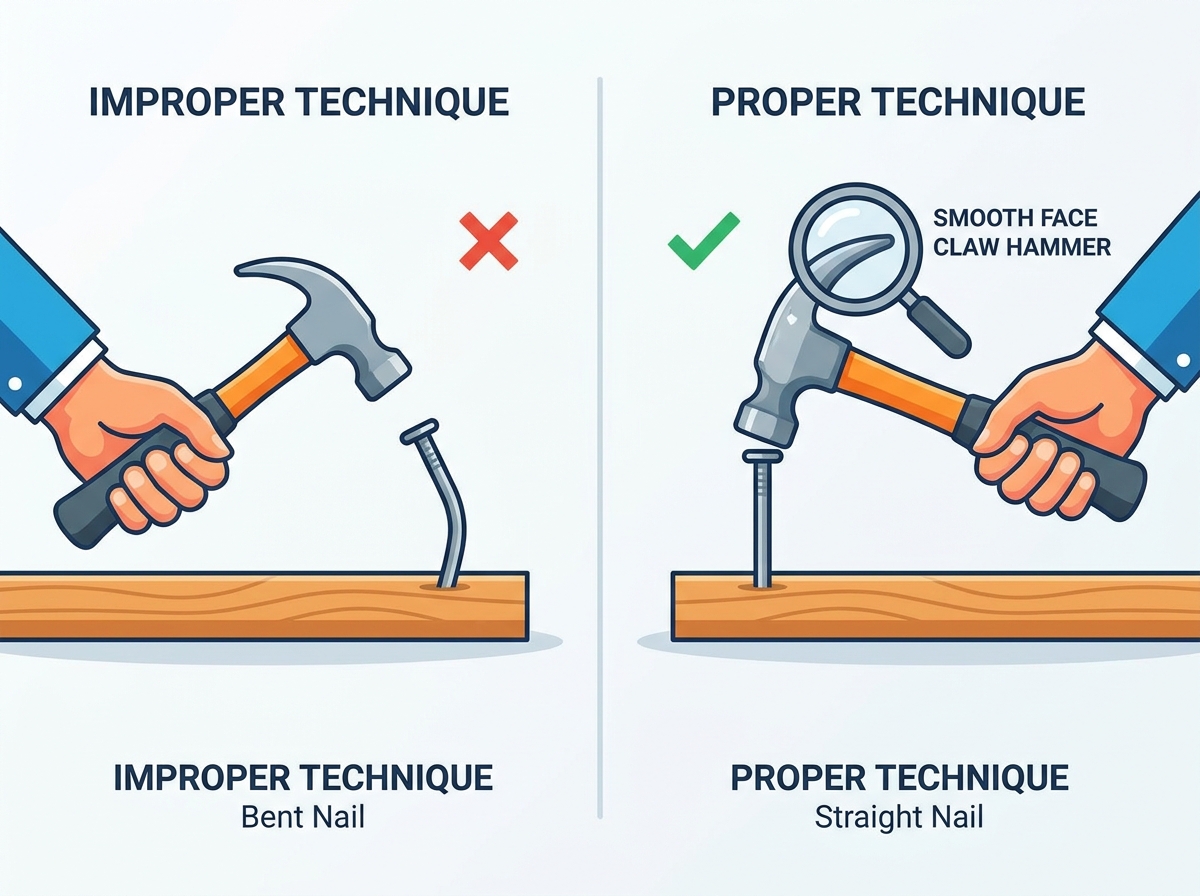 Claw hammer driving a nail into wood