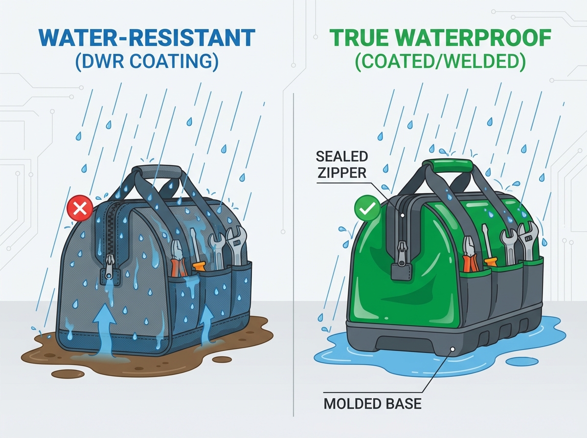 Waterproof tool bag resting on a wet jobsite surface