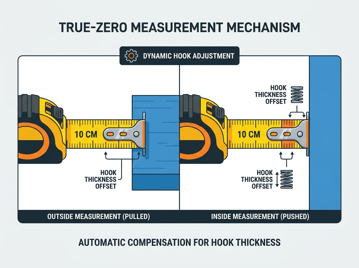 Close up view of the rivet slots facilitating accurate tape measure true zero mechanics