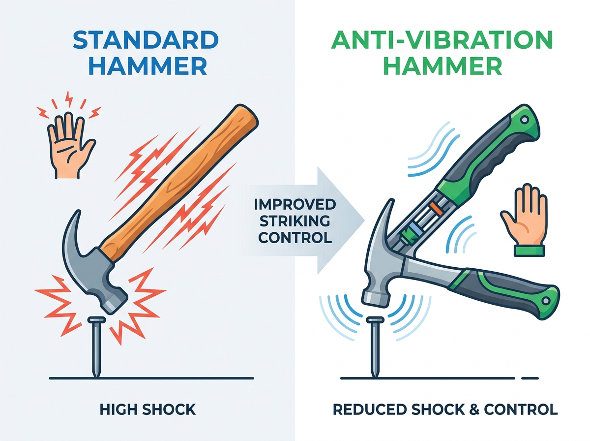 Anti-vibration claw hammer reducing shock during striking tasks